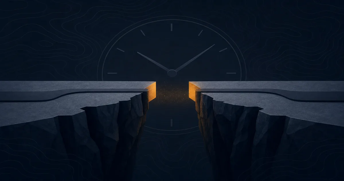 An abstract calendar grid with a glowing bridge severed in the middle, set against a navy topographic-line background, signaling a gap in continuity.