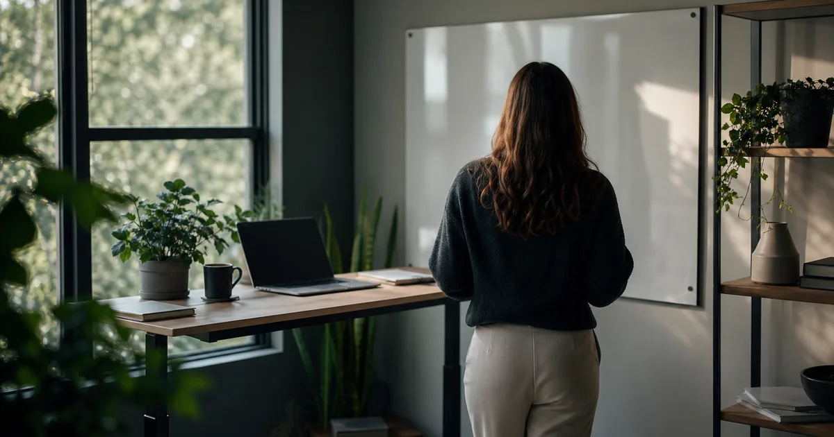 A woman at a standing desk in a bright home office, reviewing notes on a whiteboard beside a laptop, potted plants framing the window