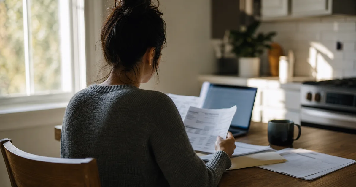 A woman reviewing official immigration documents at a kitchen table beside a window with morning light, a laptop open nearby showing a government website