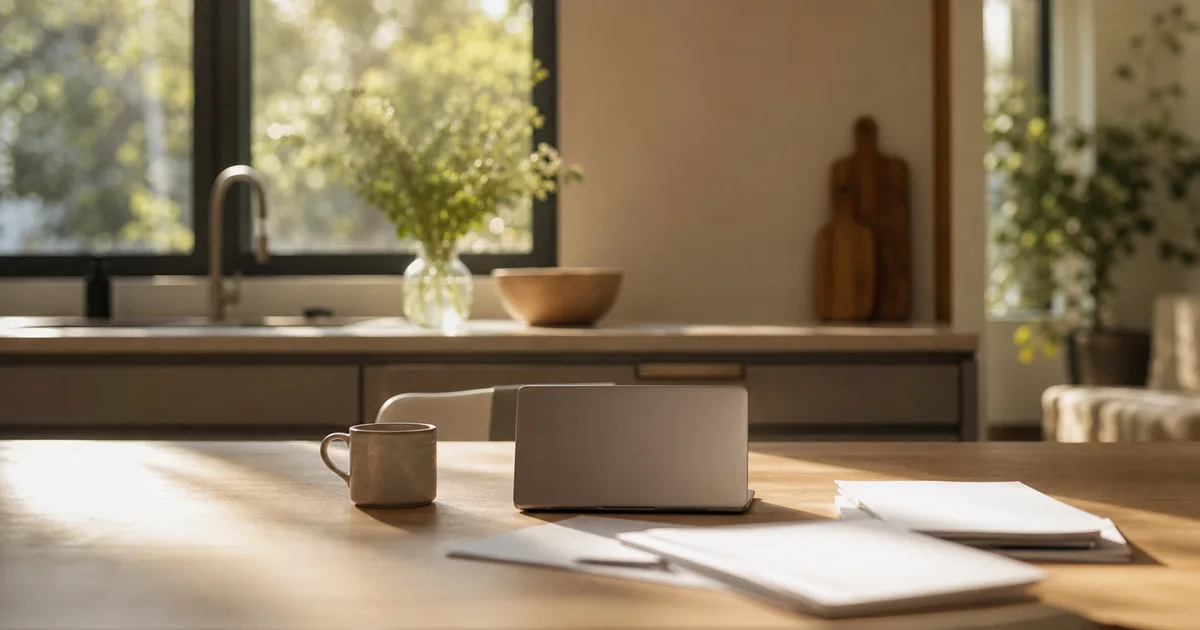 A sunlit kitchen table set up as a home workspace in early morning, a coffee mug beside softly blurred papers
