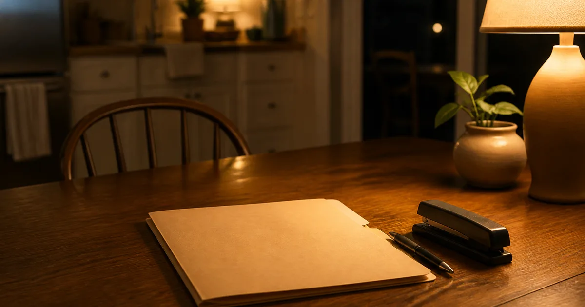 A person at a home desk sorting a passport, printed immigration forms, and a laptop while preparing a work authorization application.