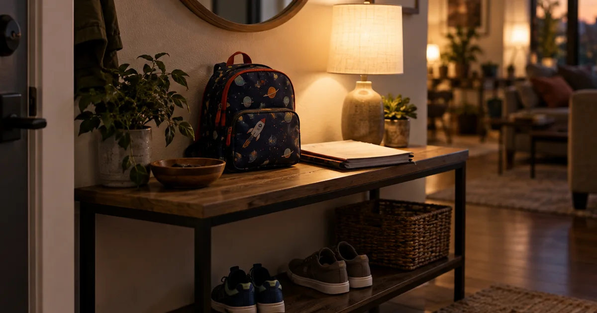 A family apartment entryway at dusk with a child's backpack, two pairs of shoes and a folder of paperwork on a small console table, warm lamp glow from the
