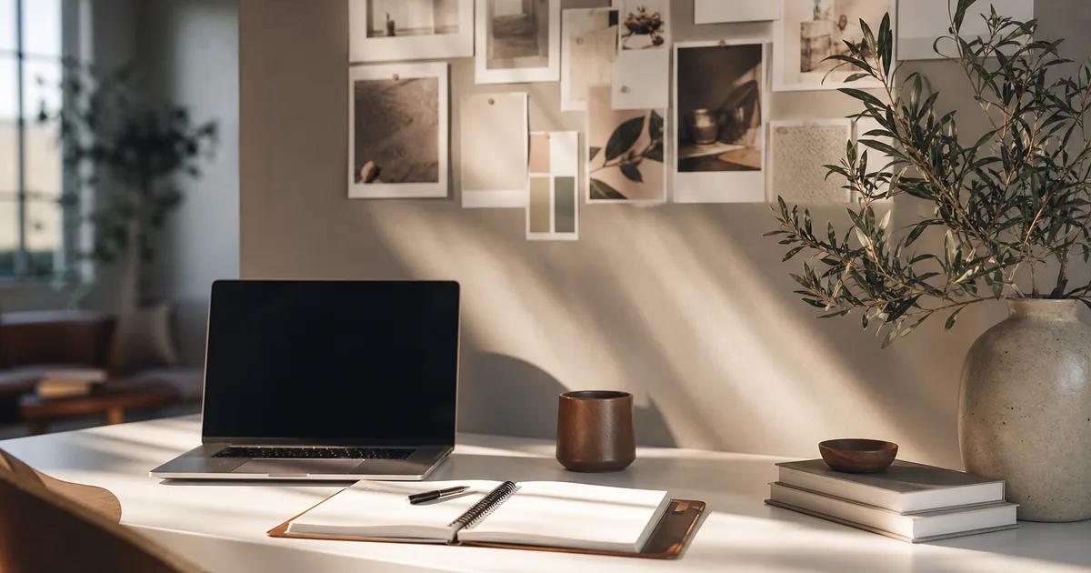 A home office setup with a laptop, branding mood board pinned to the wall, and a small business plan notebook open on a clean white desk