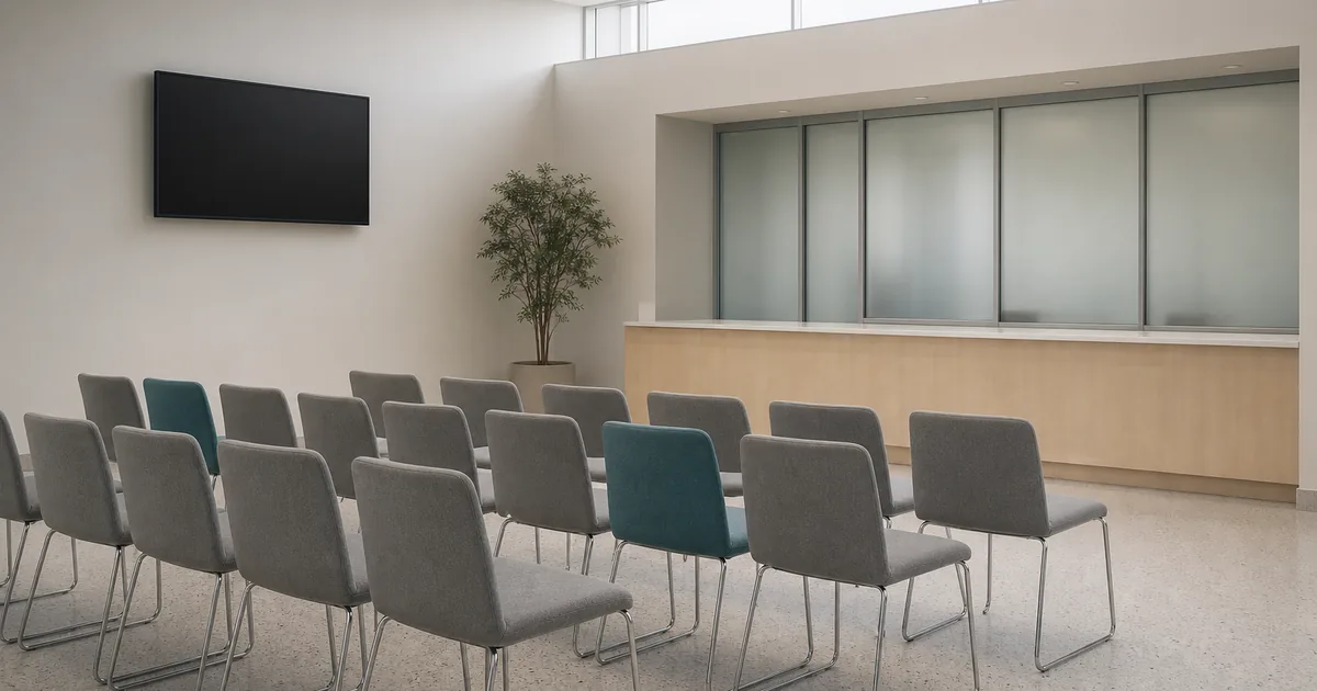A calm municipal waiting area with rows of empty grey chairs, a numbered ticket display screen turned off, and diffuse daylight from a high clerestory window