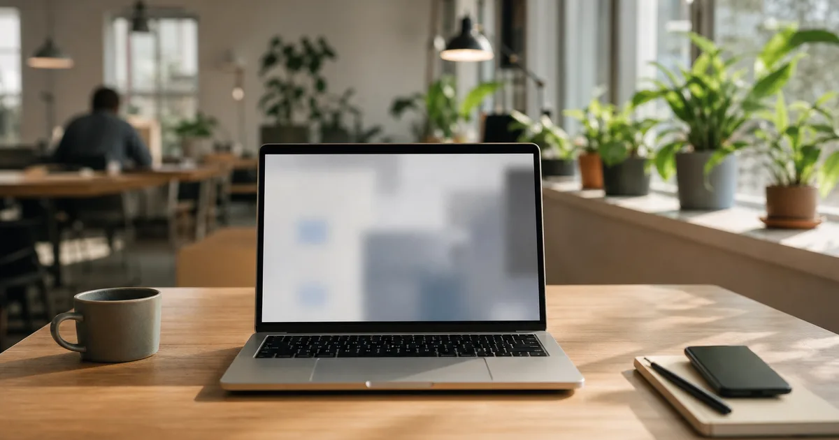 A professional woman working at a standing desk in a bright modern office reviewing documents beside a laptop