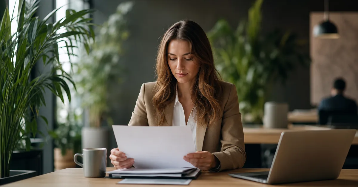 A professional woman at a modern coworking space, reviewing a printed resume at a desk surrounded by plants and natural light