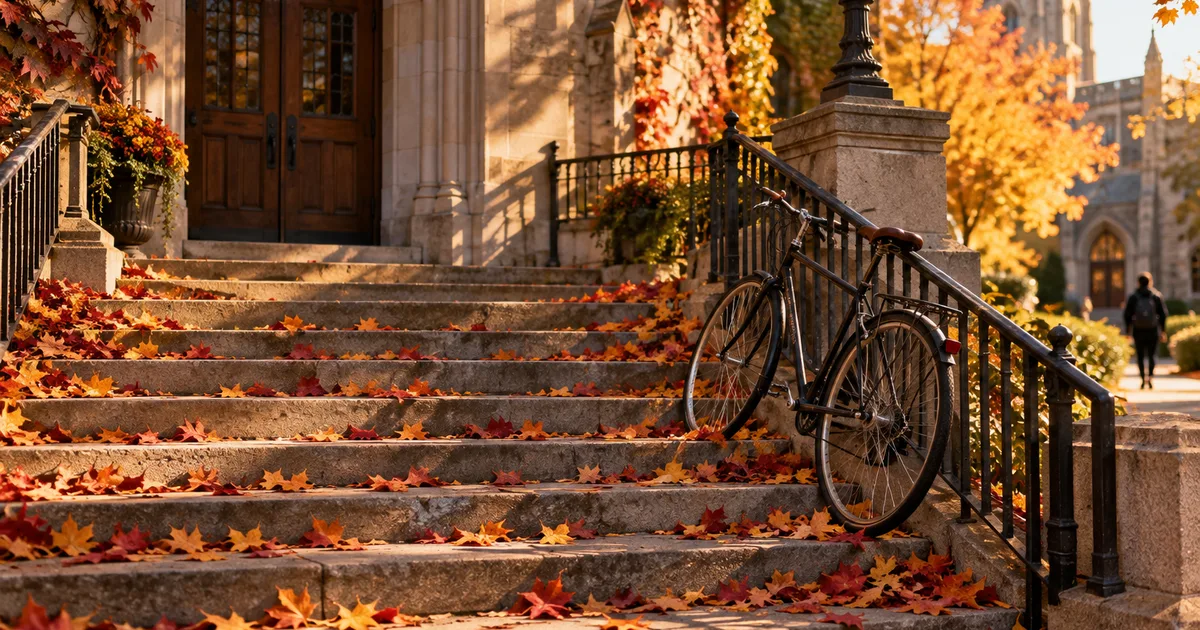 Stone steps of a university admissions building strewn with autumn maple leaves, golden late-afternoon light, a single bicycle leaning against the iron