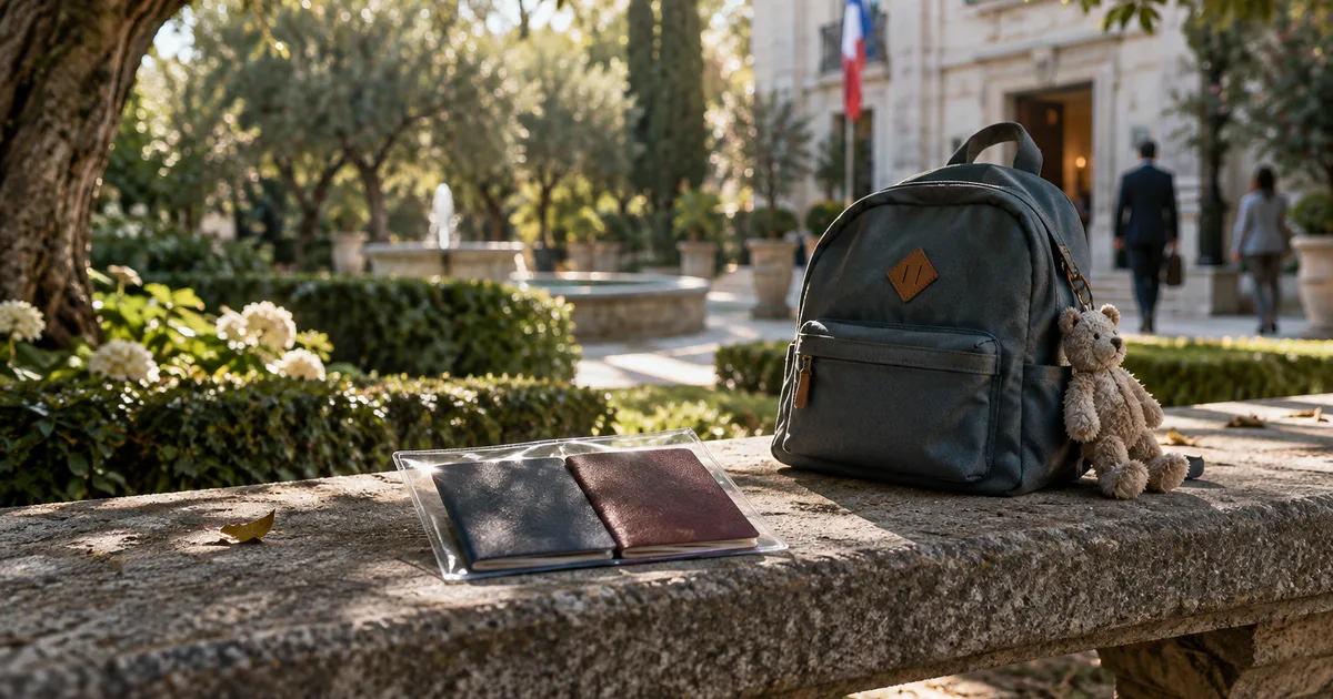 Two passports in a clear plastic sleeve resting on a stone bench in a shaded consulate garden at morning, a child's small backpack beside them, dappled light