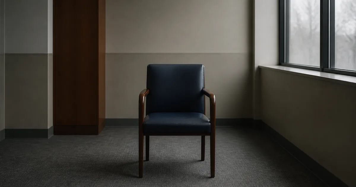 A woman reviewing a folder of visa documents alone in a quiet consulate waiting area with rows of empty chairs