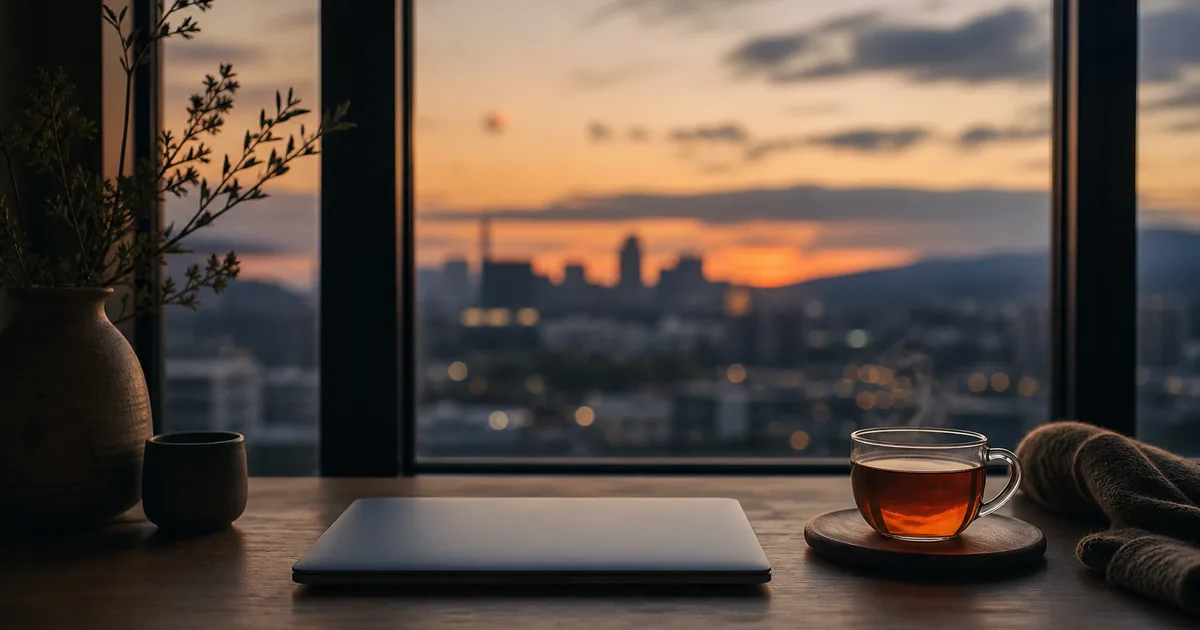 A calm desk by a large window at dusk with a warm cup of tea and a closed laptop, soft soothing light, a sense of quiet resilience, no people