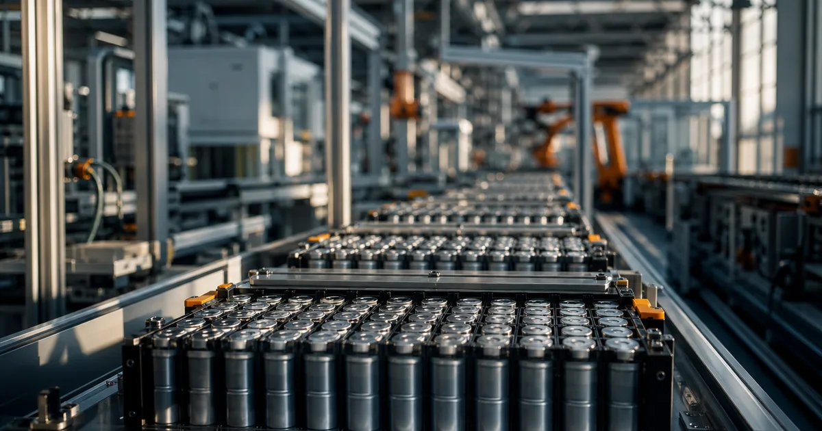 A battery module assembly line in a bright factory with exposed metal framing, engineers in safety glasses examining cylindrical cells under white industrial