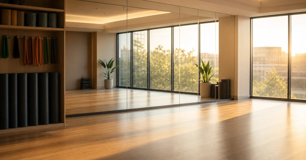 A wellness professional leads a mindfulness session in a bright modern corporate office space with employees seated in a circle on yoga mats
