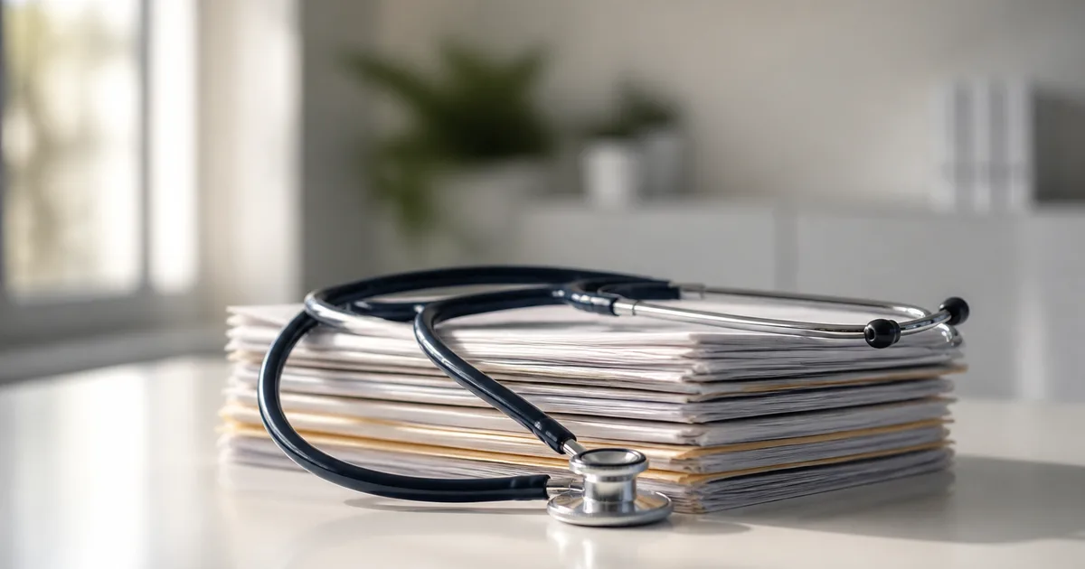 A stethoscope and a stack of insurance paperwork on a clean white desk in a bright room, no readable text visible