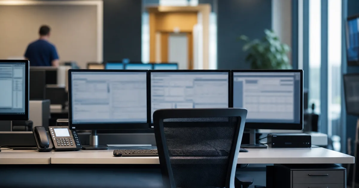 A hospital IT workspace with monitors showing blurred clinical software, a clean modern office inside a medical center