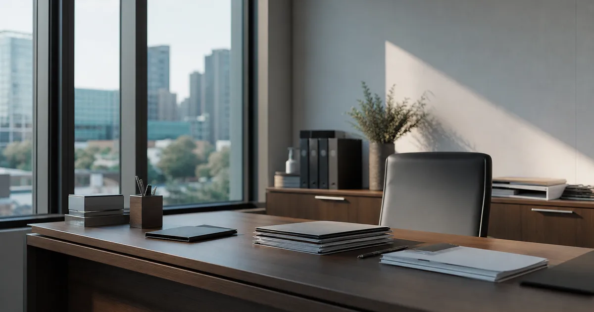 A modern hospital administrative office with a clean desk, a city view and organized documents, calm professional daylight, no readable text, no people