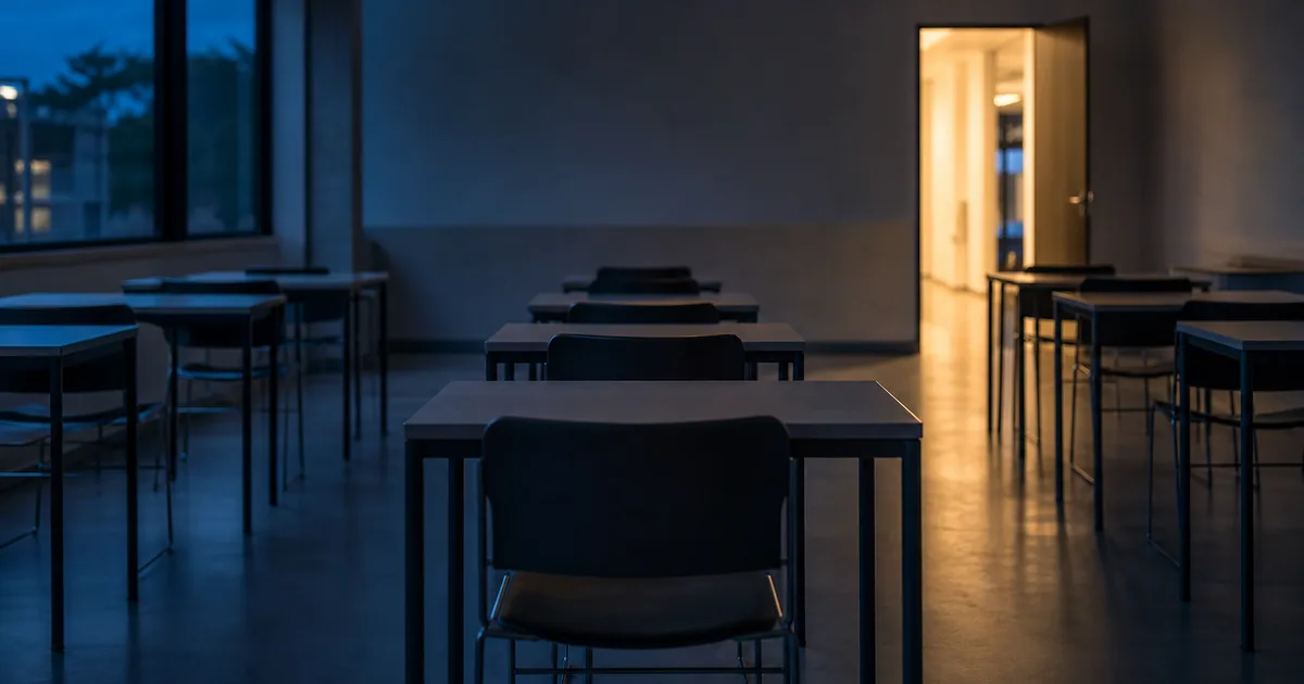 An evening classroom for working adults, rows of empty desks lit by hallway light at blue hour