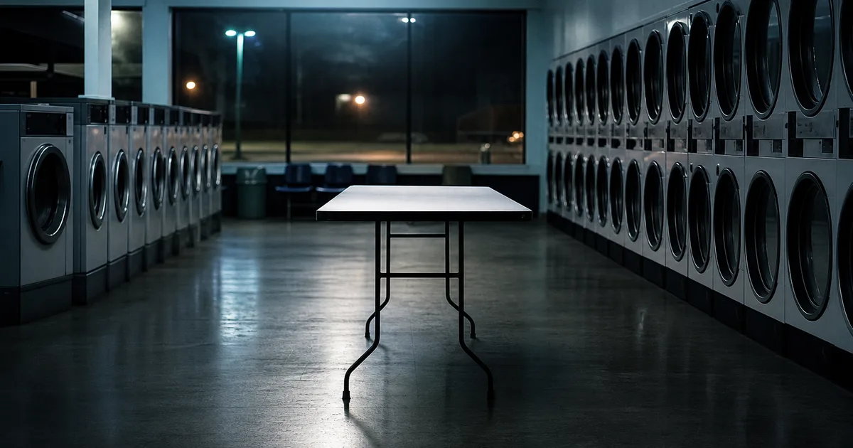 A night laundromat with rows of empty machines and a lone folding table, cool fluorescent light and long shadows