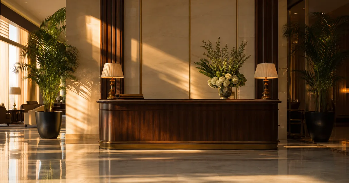 An elegant hotel lobby at golden hour with a polished concierge desk and warm inviting light, no people