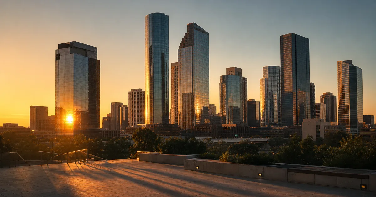 Aerial view of the Houston skyline at dusk with the Texas Medical Center in the foreground and industrial facilities along the Ship Channel beyond