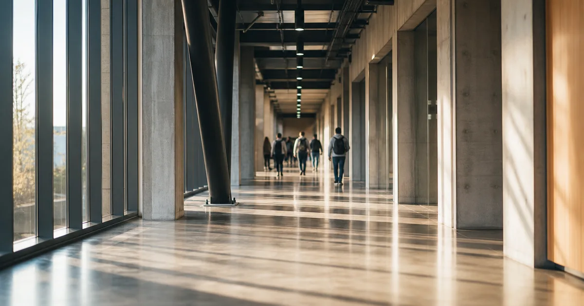 A busy university engineering building corridor between classes, distant figures walking away from the camera, late-afternoon sun raking through tall windows