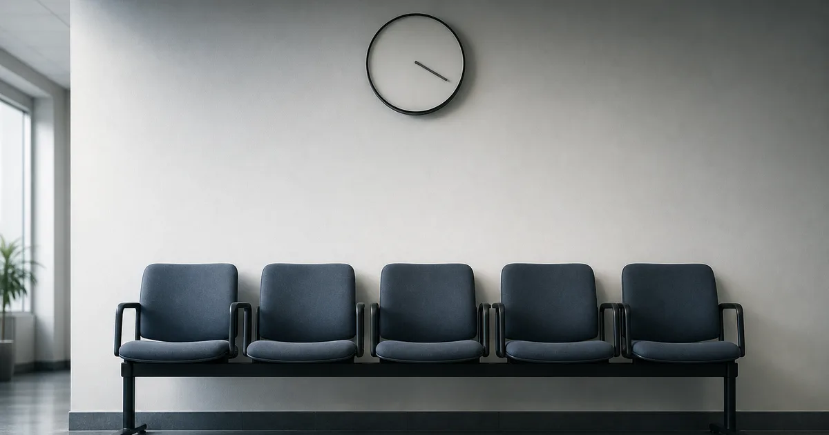 A quiet government service center waiting room with rows of chairs and a reception window, softly lit in early morning
