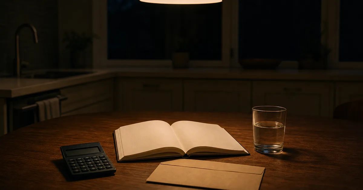 A kitchen table at night holding an open paper ledger, a pocket calculator, an unopened bank envelope and a half-finished glass of water, lit by one warm