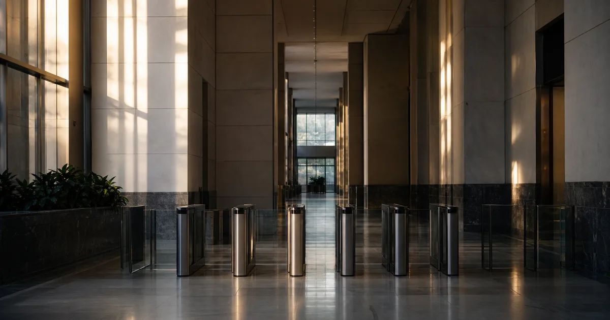 A government office building lobby at dawn, empty security turnstiles and long clean corridors lit by early light