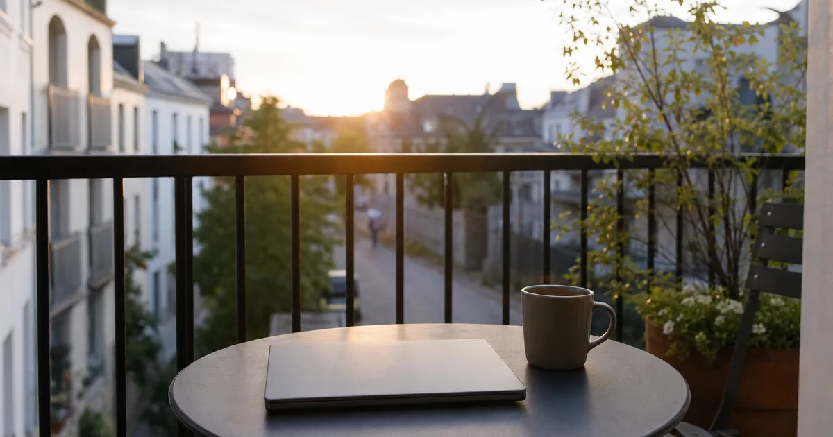A modest apartment balcony at early morning, a folded laptop and a mug of coffee overlooking a quiet residential street