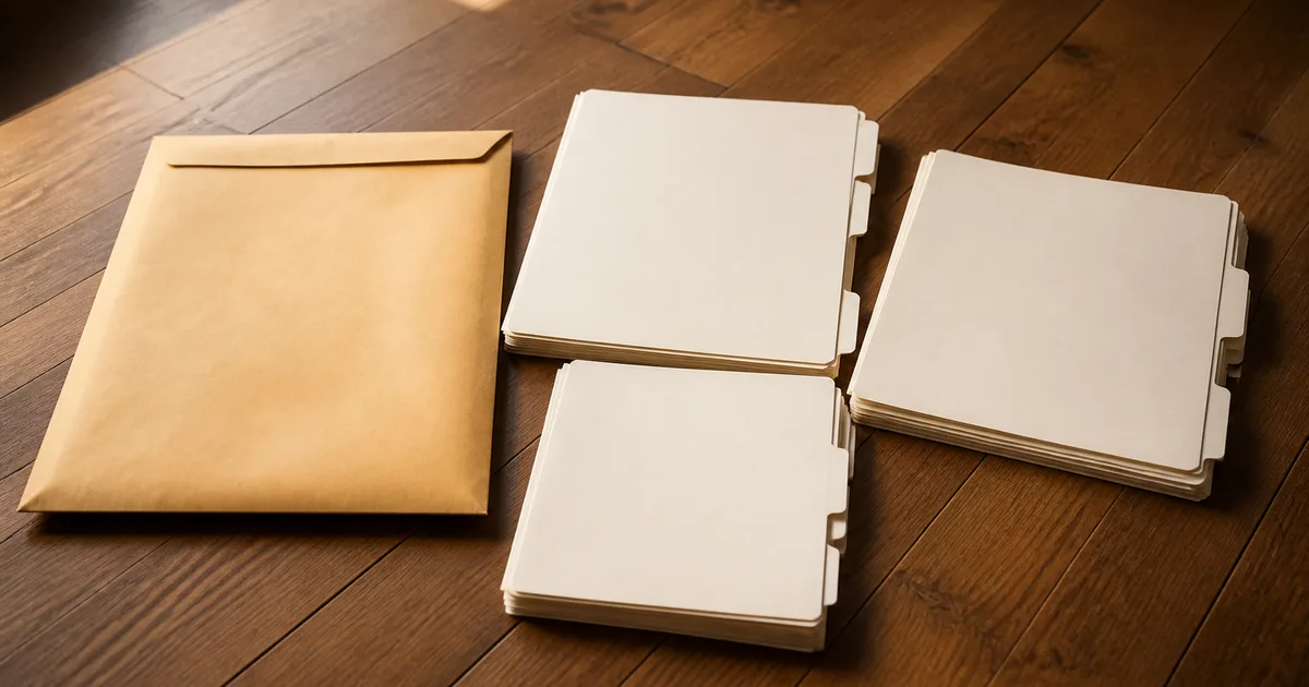 A person at a home desk carefully stacking labeled document folders and forms before mailing an application envelope
