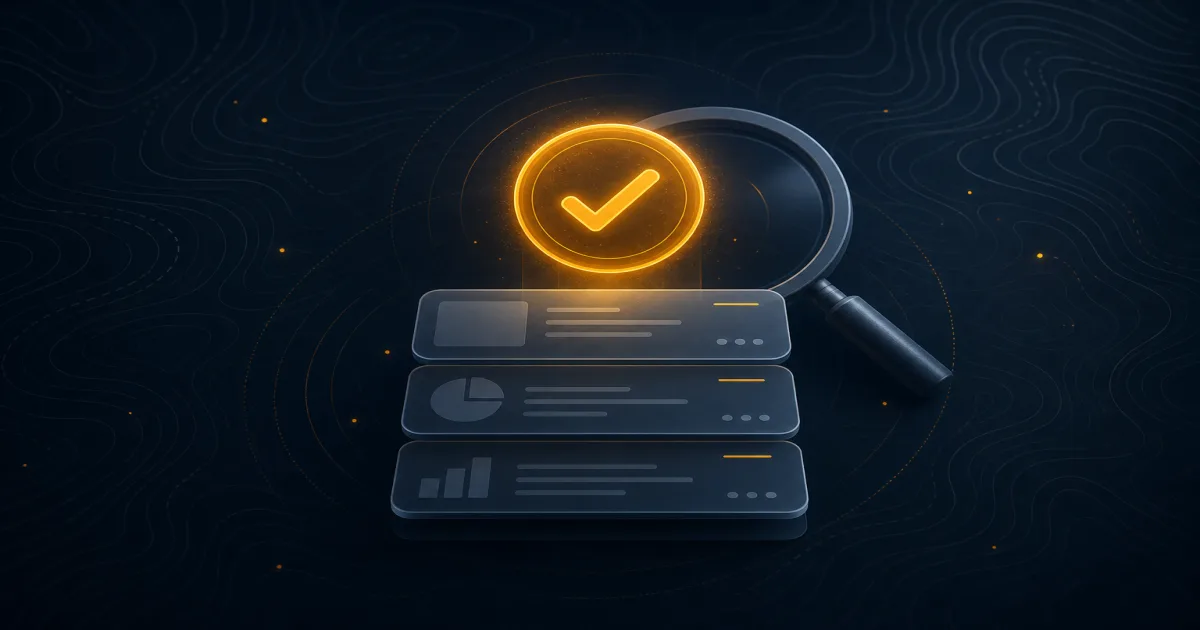 A magnifying glass hovering over a grid of abstract building silhouettes, with one highlighted by a topographic-line glow on a deep navy background.