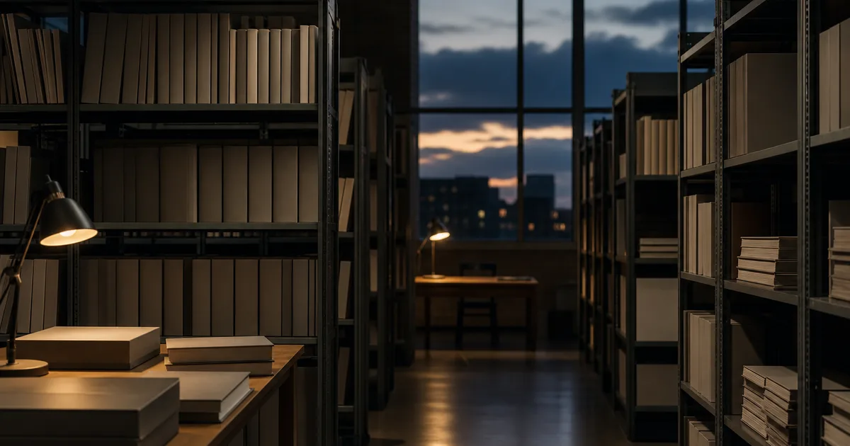 A university library archive room at dusk, tall metal shelving stacked with unmarked bound folders under dim reading lamps