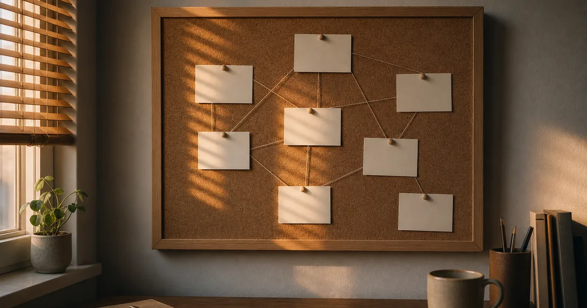 A home office nook at dawn, a corkboard with pinned blank index cards and string catching first light through a half-open blind