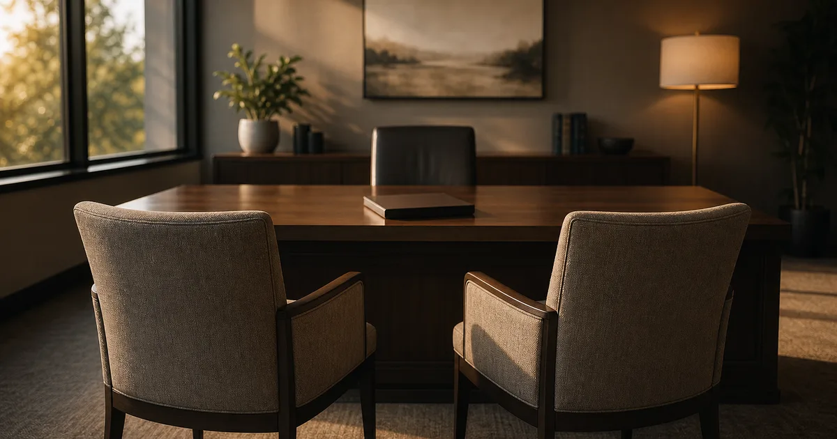 A late-afternoon financial planner's office, two empty chairs facing a desk with a closed ledger