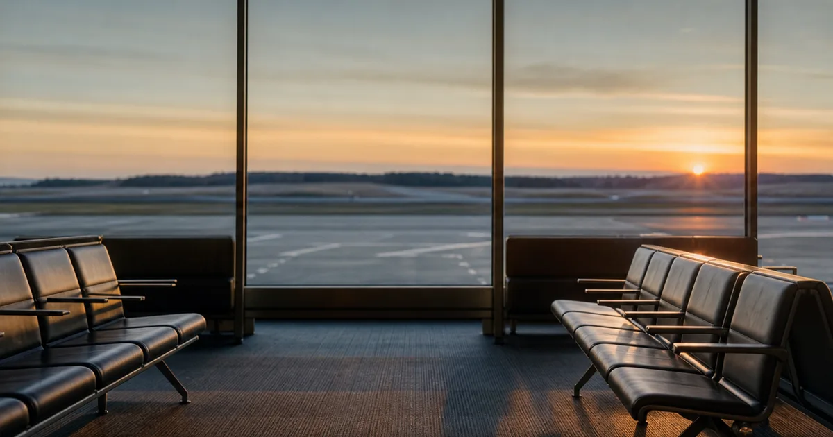 A quiet regional airport departure gate at dawn, empty seating and a long window facing an empty runway