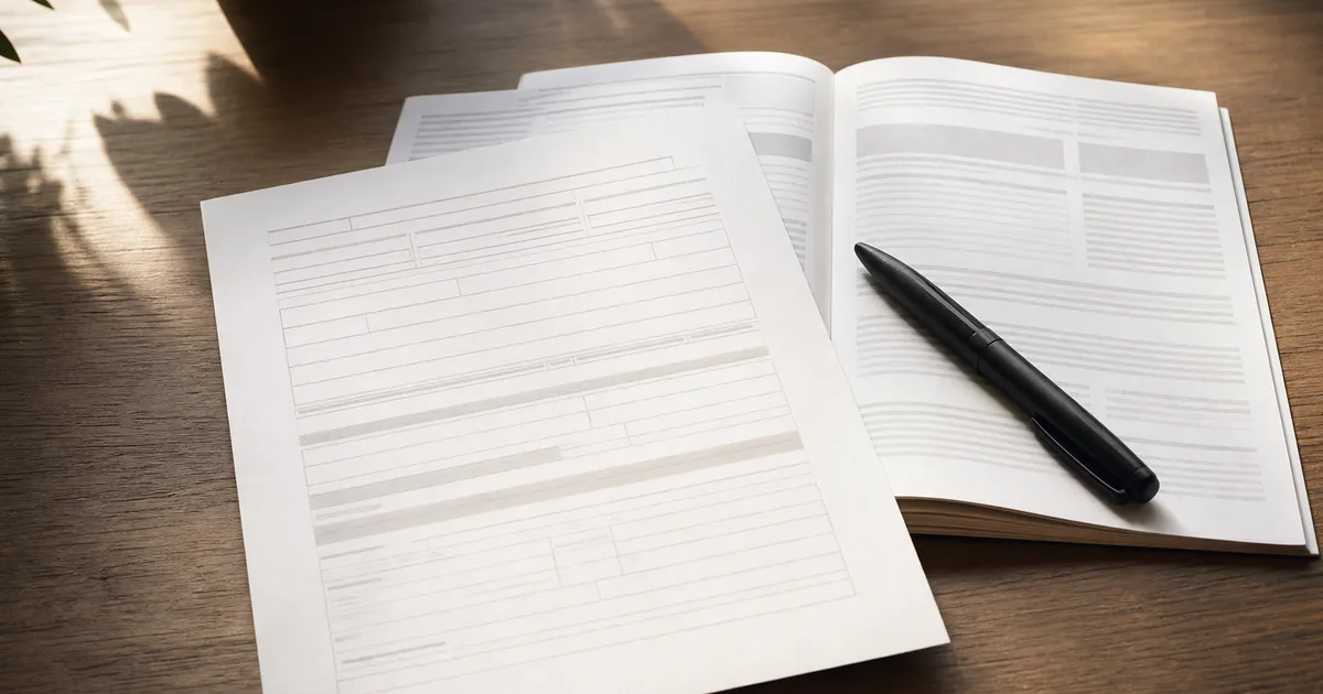 A person at a home desk reviewing a folder of immigration paperwork next to a laptop and a cup of coffee