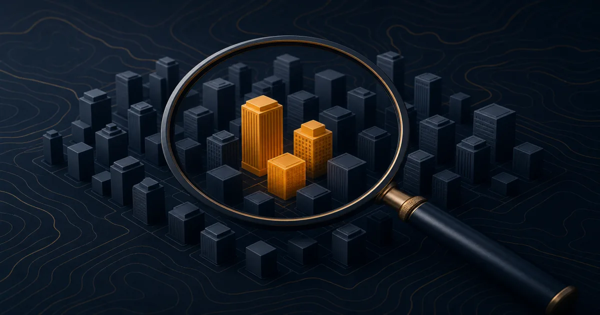 Abstract illustration of a magnifying glass moving across a grid of stylized building silhouettes, a few highlighted, against a topographic-line background.
