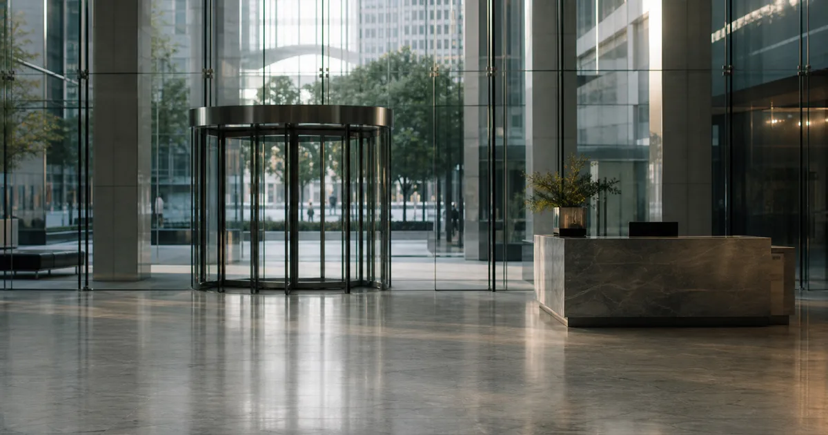 A downtown office tower lobby just after sunrise, revolving glass doors and an unattended security desk seen from across a wide marble floor, soft grey