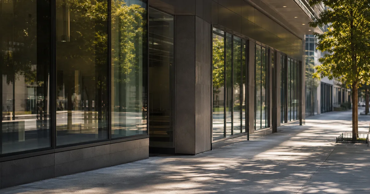 A quiet business-district street at midday, storefront office windows reflecting sunlight above an empty sidewalk