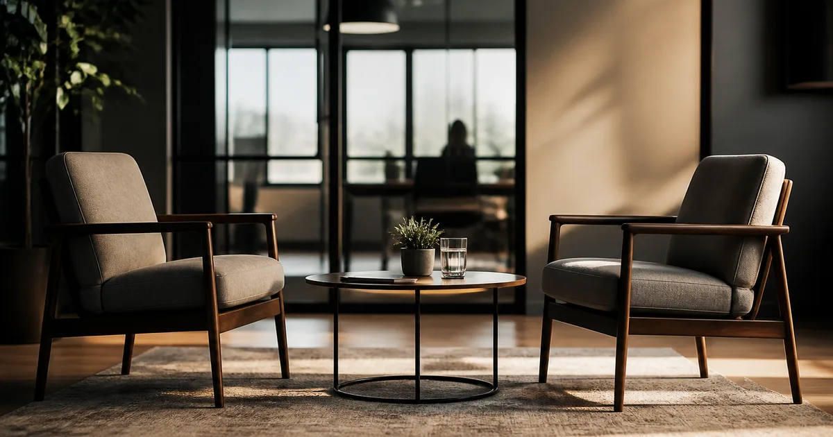 A welcoming modern interview room with two empty chairs facing each other across a small table, warm light