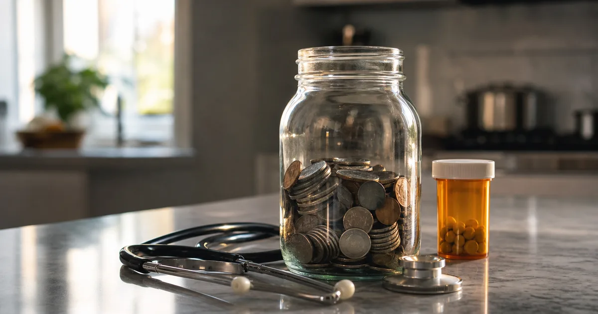 A glass jar filled with coins on a kitchen counter beside a stethoscope and a small prescription pill bottle, softly lit by natural daylight through a window
