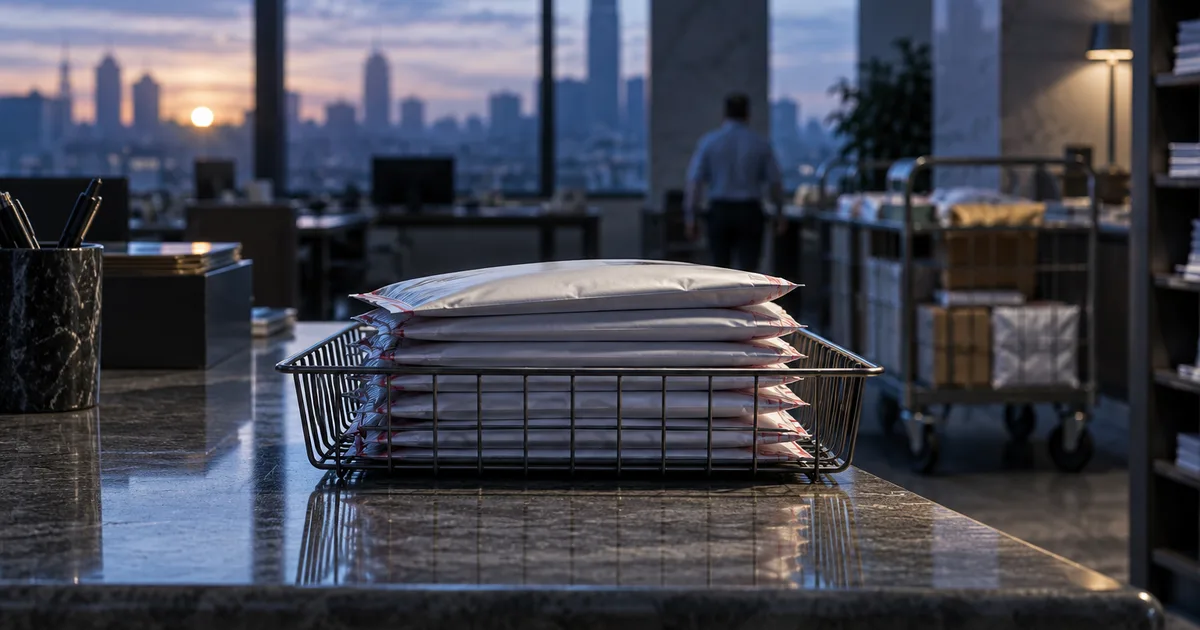 Several sealed priority-mail envelopes stacked in a wire outbox tray on a law-firm mailroom counter at dawn, cool blue light, a rolling mail cart in soft
