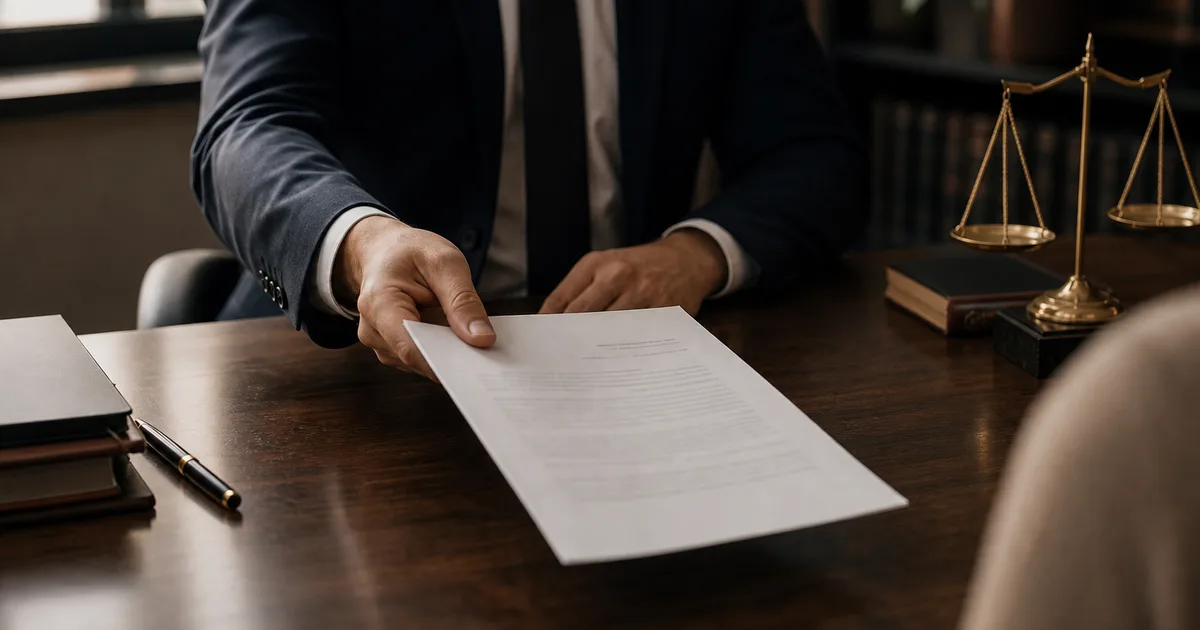 An immigration attorney in a suit sliding a signed petition across a wooden desk to a client in a warmly lit professional office