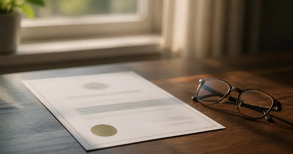 A close-up of hands holding an official approval letter at a kitchen table with morning light through a nearby window