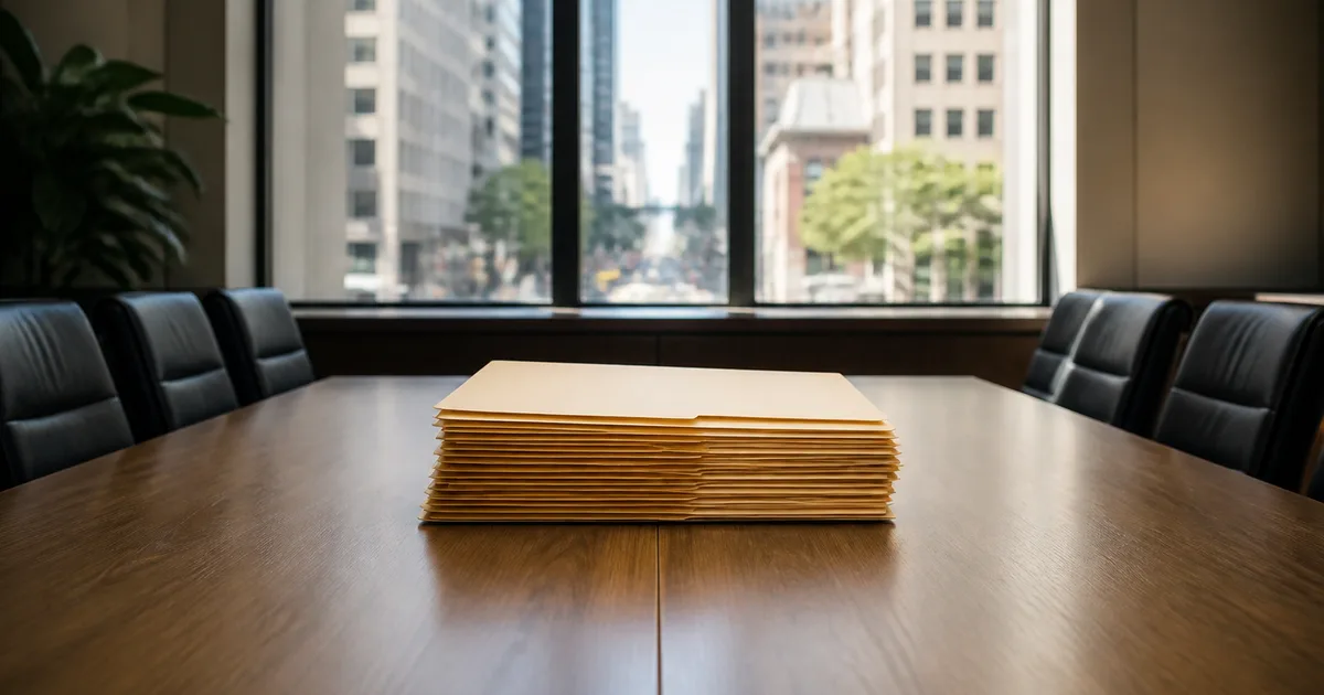 A person sealing a large envelope of immigration petition documents at a home desk with a laptop nearby