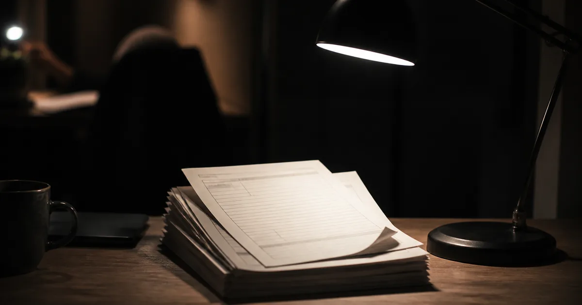 A close-up of hands comparing a printed immigration form against a laptop screen at a home desk, with paperwork and a pen nearby