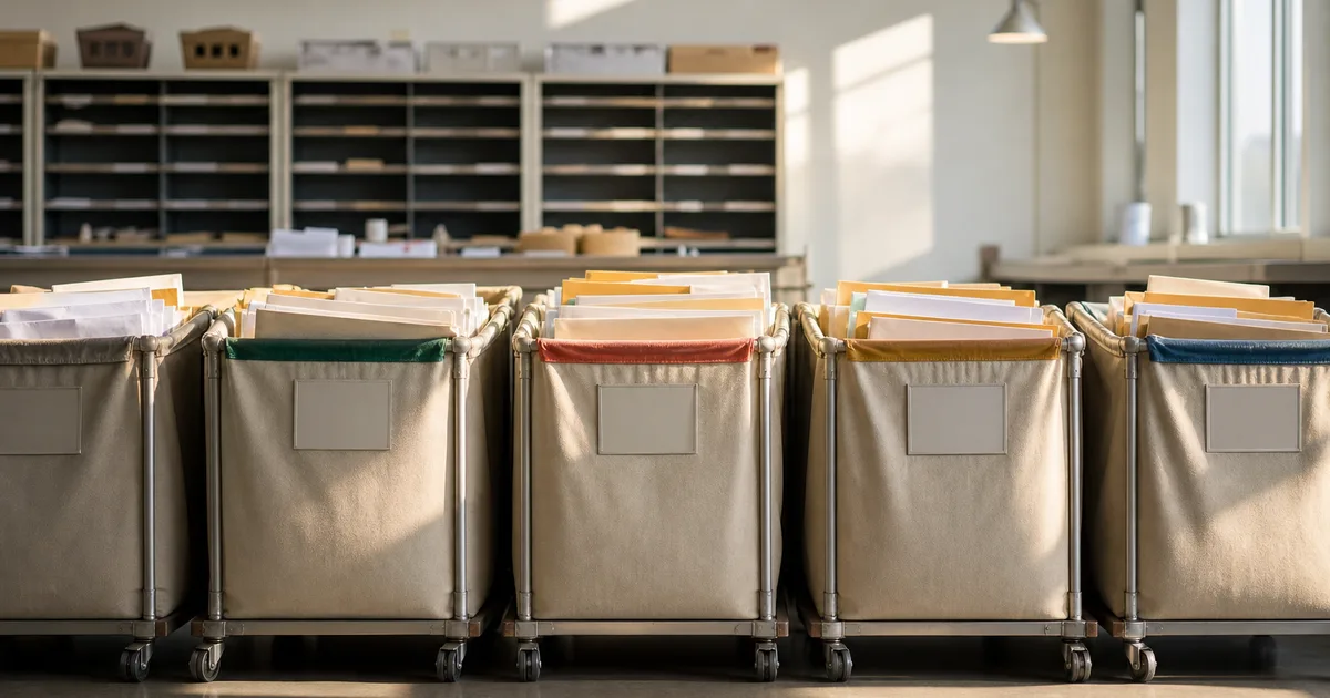 A stack of labeled immigration petition folders and envelopes on a desk next to a laptop showing a mailing address