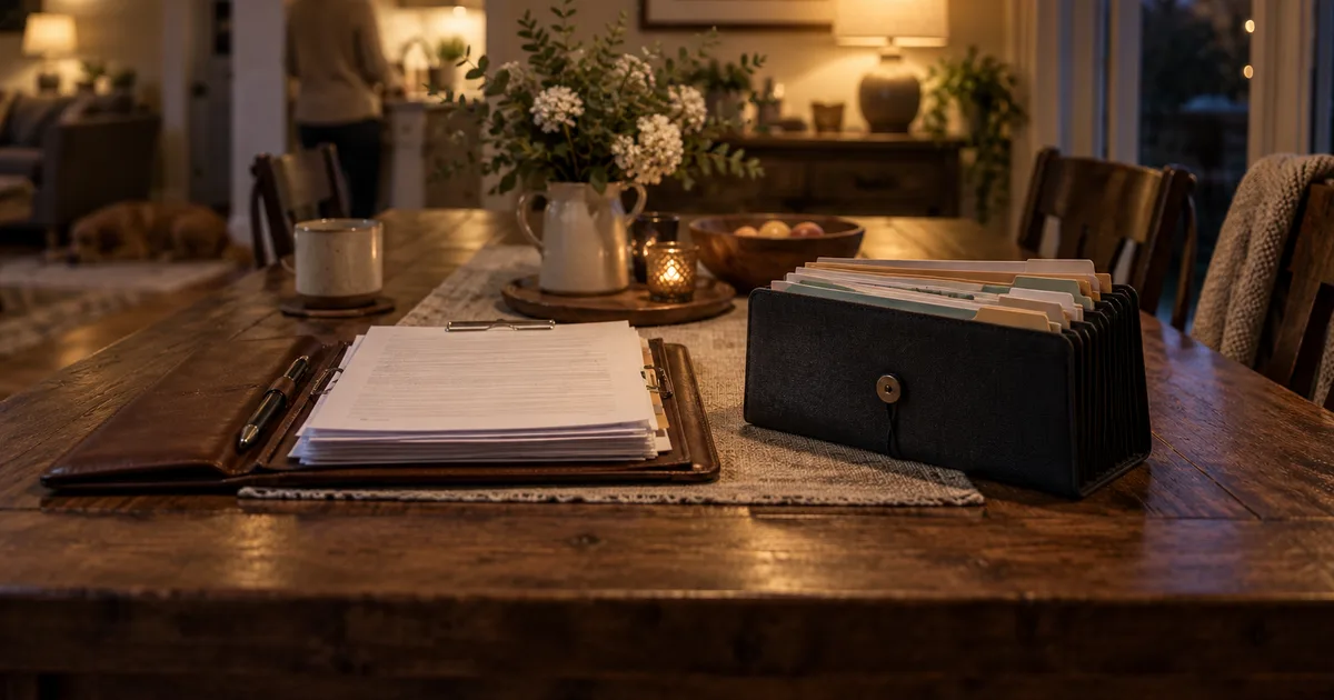 Two distinct thick form packets on a dining table in evening lamplight, one clipped inside a leather portfolio and one in a family accordion file, warm and