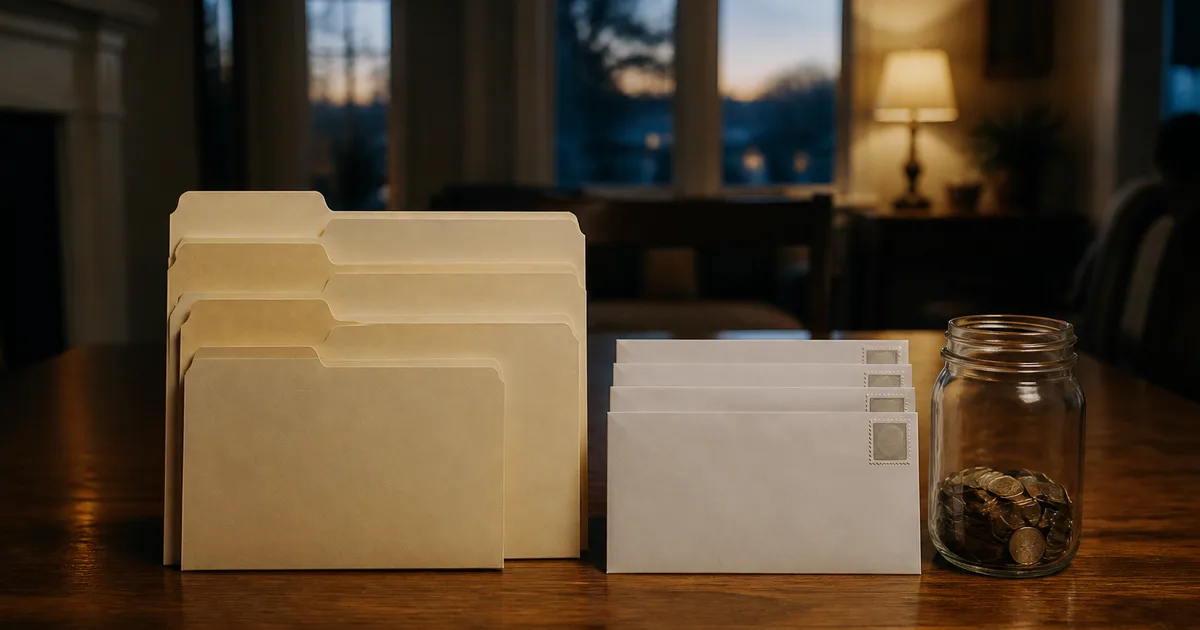 A parent and two children reviewing paperwork and a laptop together at a home dining table