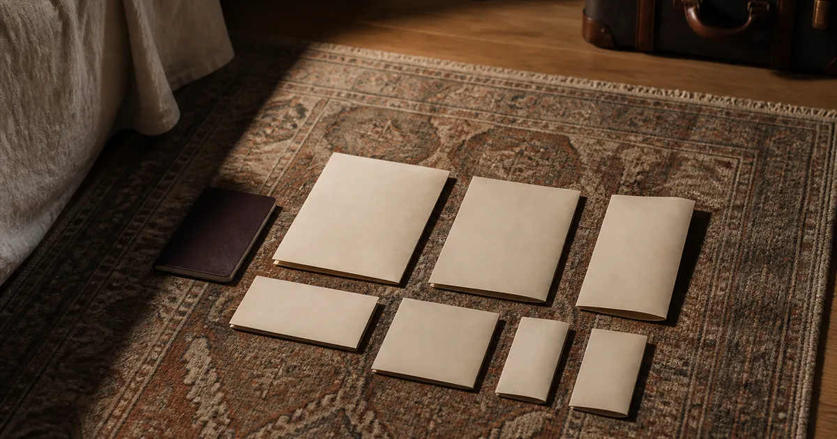 A neat stack of labeled document folders and a passport on a wooden desk beside a cup of coffee and a pen