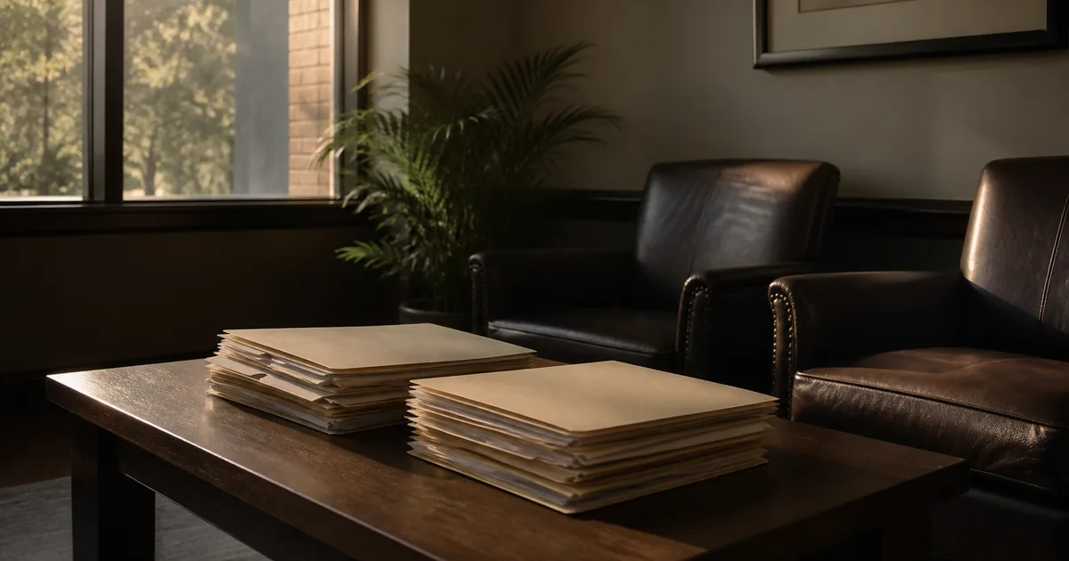 A person at a kitchen table reviewing a government mailing envelope and papers next to an open laptop